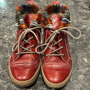 Josef Seibel Red Leather Boots with Colorful Knit Cuff